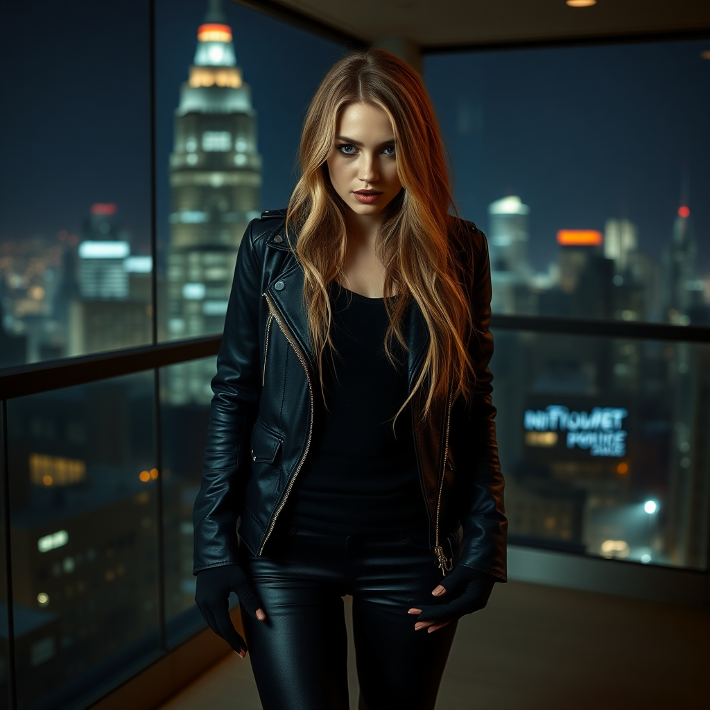 A beautiful dirty blonde long-haired thief girl in a black leather jacket over a black t-shirt with black tight jeans and gloves in a penthouse from Manhattan at night.