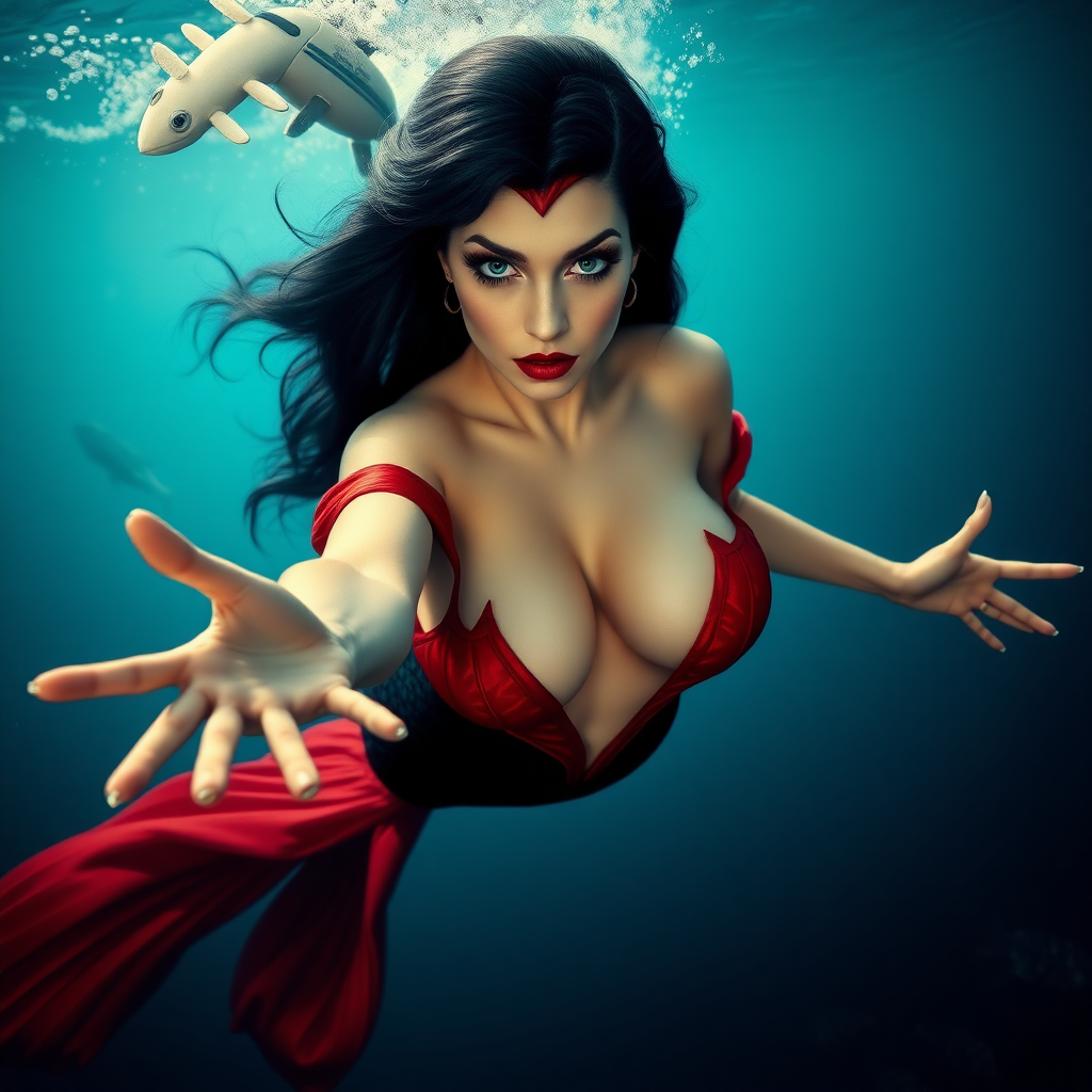 Vampirella as a mermaid, her huge as 10000% teardrop shaped décolletage overflowing her loose fitting bodice as she swims down underwater directly towards the viewer. She maintains intense eye contact. Her long hair floats like a nimbus cloud. Her arms are reaching out towards you. She is deep under the sea surrounded by aquatic life. It is a highly detailed DSLR Photograph.