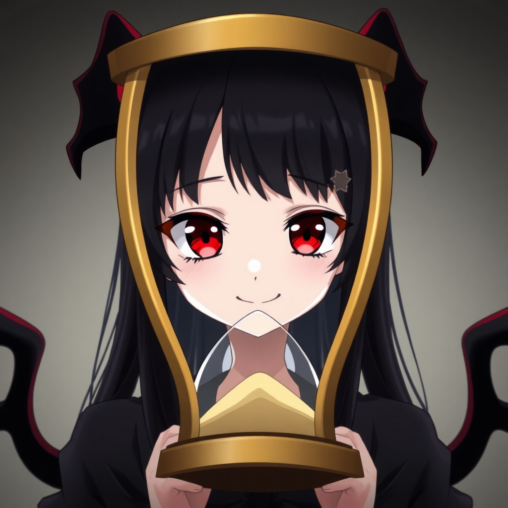 An anime girl with black hair and red eyes is wearing an hourglass. She has a smile like a villain.