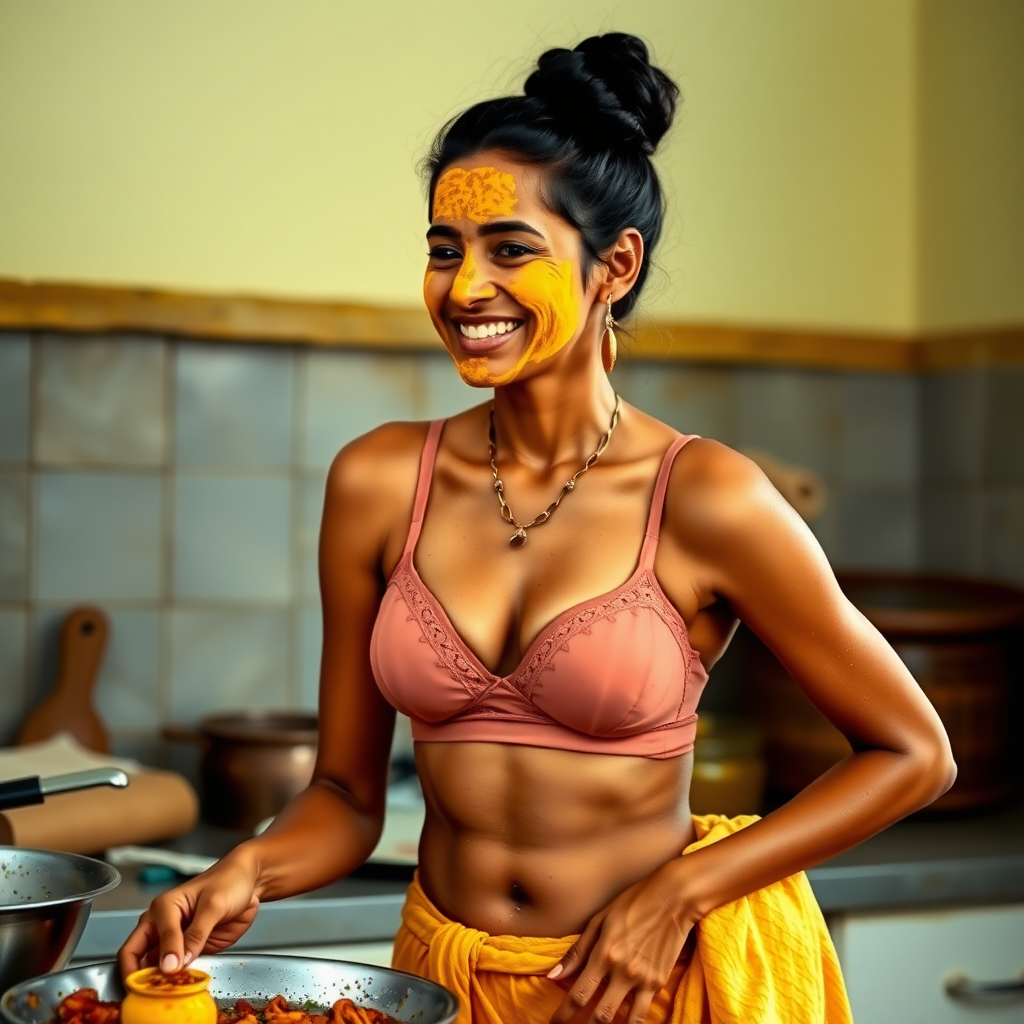 A skinny, happy, 30 year old, traditional Indian wife with a hair bun, wearing a bra, skirt, and a short towel on her shoulder. She is preparing food in the kitchen. Her face is covered with a turmeric face mask.