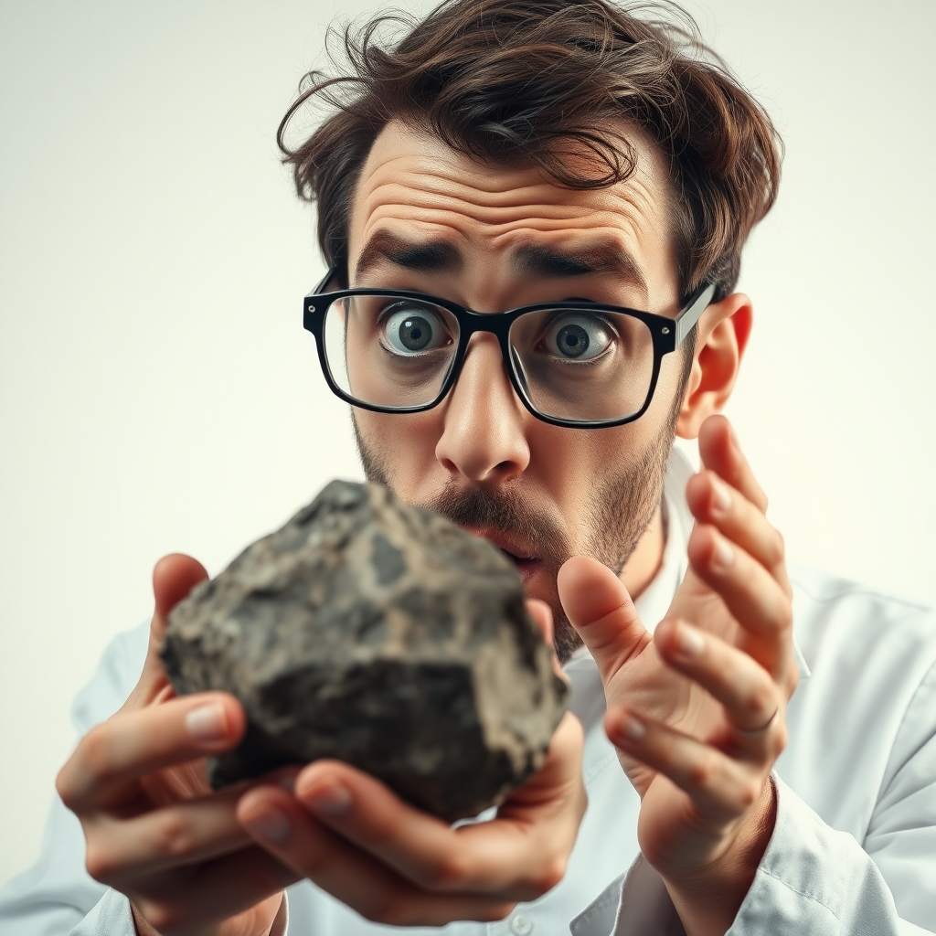 a very surprised scientist looking at a normal rock very curiously and overreacting, showing a lot of strong emotions