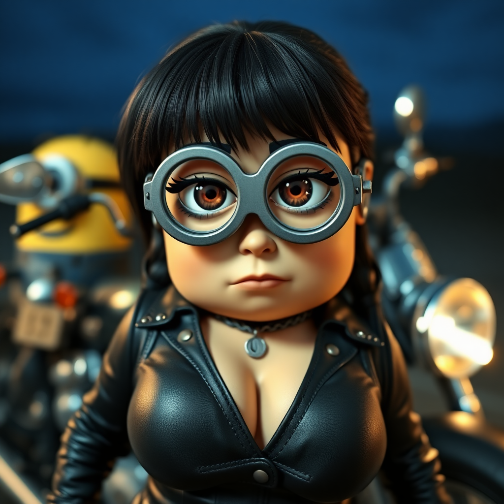 Minion, big eyes, lazy gaze, leather outfit with a deep neckline, large breasts, a motorcycle in the background, it's getting dark.