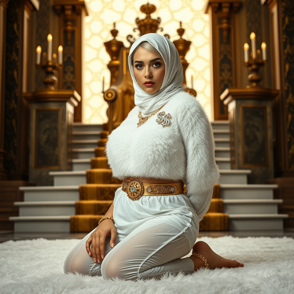 Kuwait desert palace throne room, throne raised on stair head, old overweight mighty sheik sitting on throne. In front of stairs, kneeling on white fluffy carpet: Melissa, European 17 years old very convincing femboy “trophy-bimbo”, tamed servile docile, rather short, by hormones very curvaceous womanly figured, platinum blond short tight curls, heavily made-up eyes, wearing Supertanya-style fluffy very fuzzy bright white angora turtleneck-poncho cropped ending under bust decorated with pearls and gemstones, striking oriental wide gold bridal protection belt, white fully transparent harem pants, full Oriental bridal jewelry, face covered by white sheer full Burka, coin anklets, striking diamond “$$$” letter brooch on left chest, pout frustrated, hands tied behind back, looking at camera. Focus on face and turtleneck-poncho, side perspective.