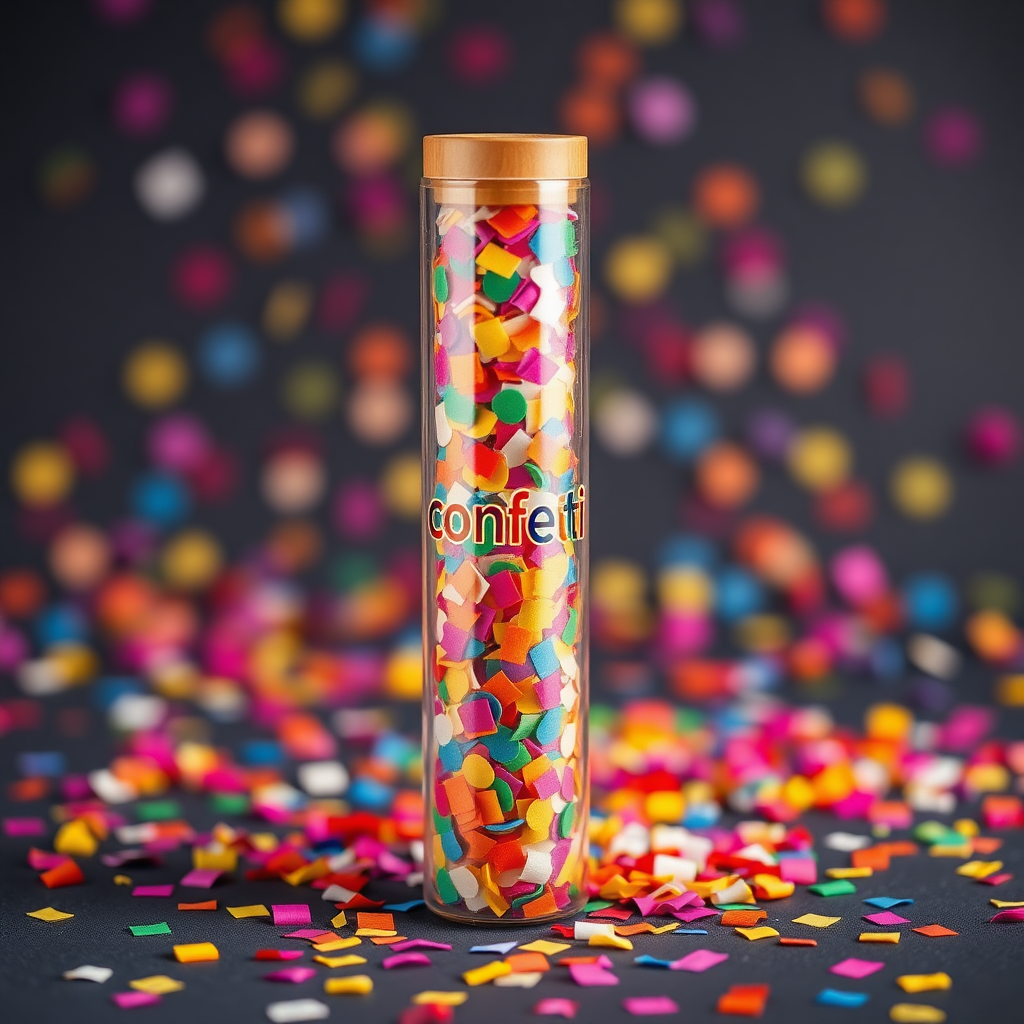 colorful confetti popper tube with text "confetti" on it