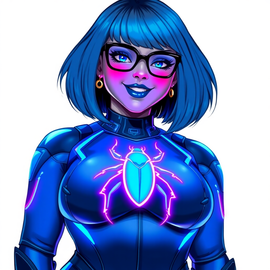 A 28-year-old, full-figured, middle gray metal skinned computer program-human hybrid with a maximum blue bob cut. She is the digital sidekick, computer hacker, and nerdy girlfriend of her cyberpunk vigilante boyfriend. Her middle gray metallic skin, distinct from any other character, highlights her digital nature. She wears maximum blue lipstick and has bright blue eyes. Her outfit includes a maximum blue full bodysuit with neon blue glowing beetle-themed accents completed by a neon blue glowing chest icon of a beetle. Black eyeglasses accentuate her nerdiness, and she has a lovestruck smile with neon red blush. Her full figure, including a prominent, gargantuan, round midsection (with the full emphasis on her gargantuan belly), gigantic limbs, and broad shoulders, reflects the doting care of her vigilante boyfriend. The background is solid white. She is drawn as if she was in a retro 2D cyberpunk fighting game. Ensure her bodysuit covers all her bare skin (especially her round gargantuan belly). Her bodysuit is influenced by DC's superheroine Jennifer Knight Phantom Lady but remains distinct.