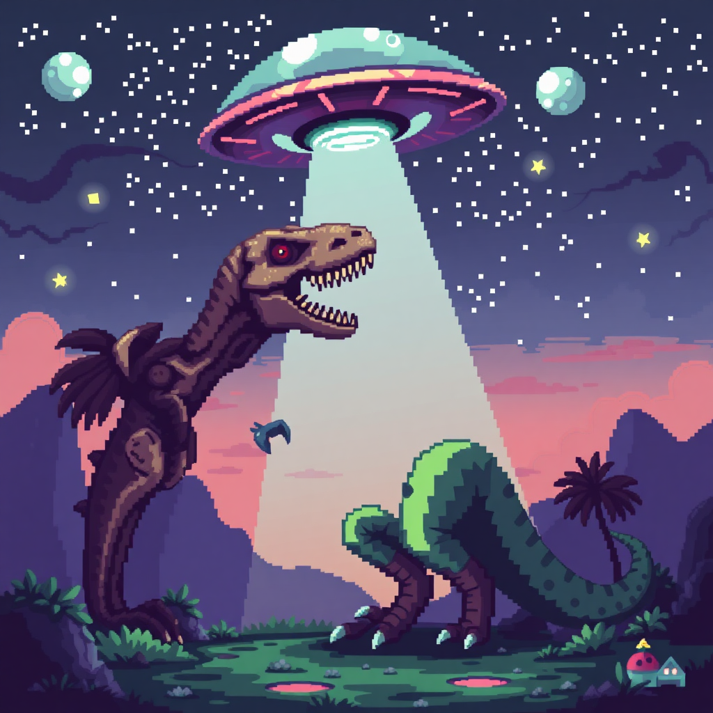 pixel alien abduction T rex