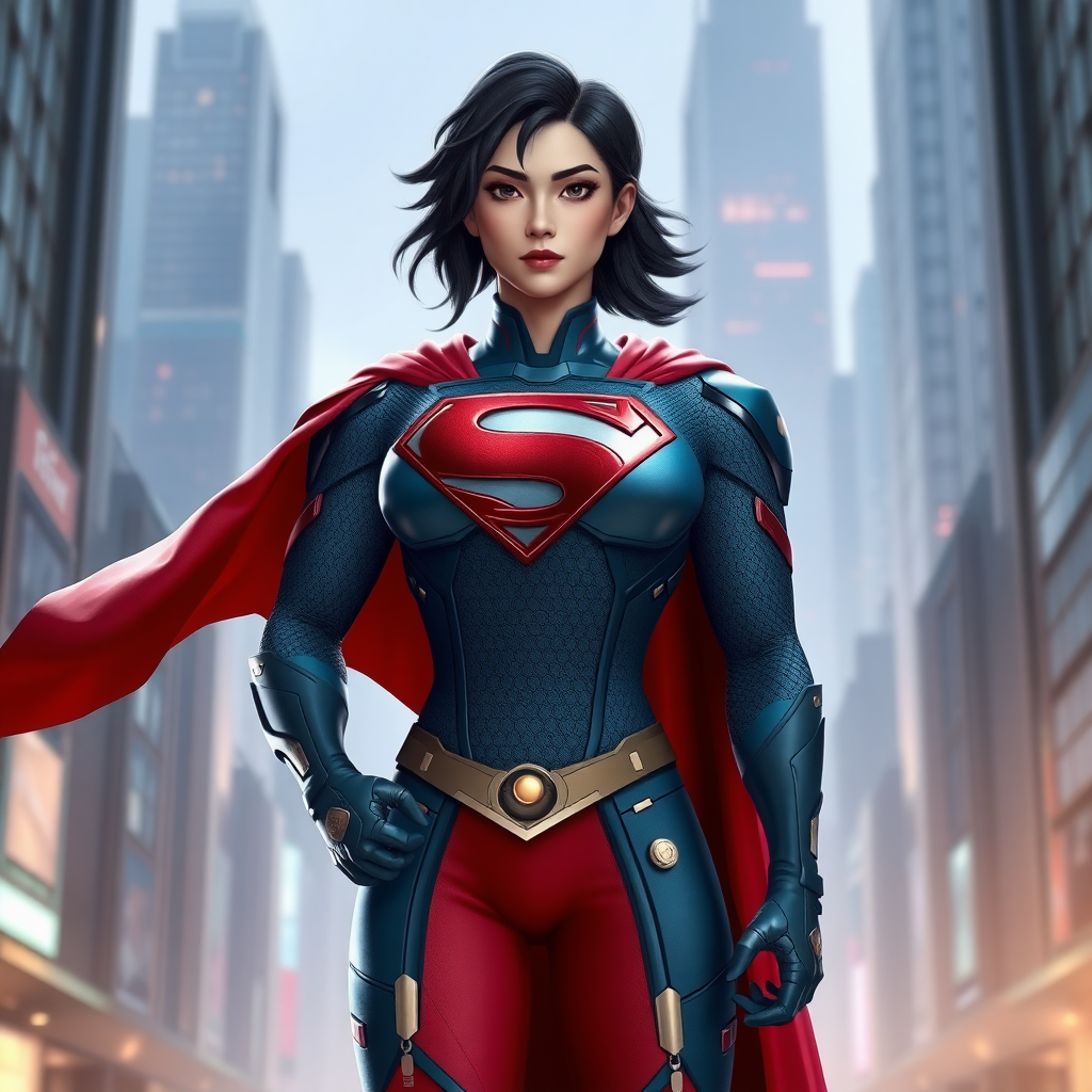 Create a full-body image of a character combining Superman and Mei-Ling from Overwatch. Use Superman's core design but modify the body shape to match Mei-Ling's, emphasizing the torso. Retain Superman's iconic costume while incorporating elements and embellishments inspired by Mei-Ling's outfit. The character should have Superman's facial features but with a hint of Mei-Ling's expression. Set the scene in a futuristic cityscape that blends Metropolis with Overwatch's world, featuring tall buildings and advanced technology. Ensure the lighting dramatically highlights the character's unique fusion.