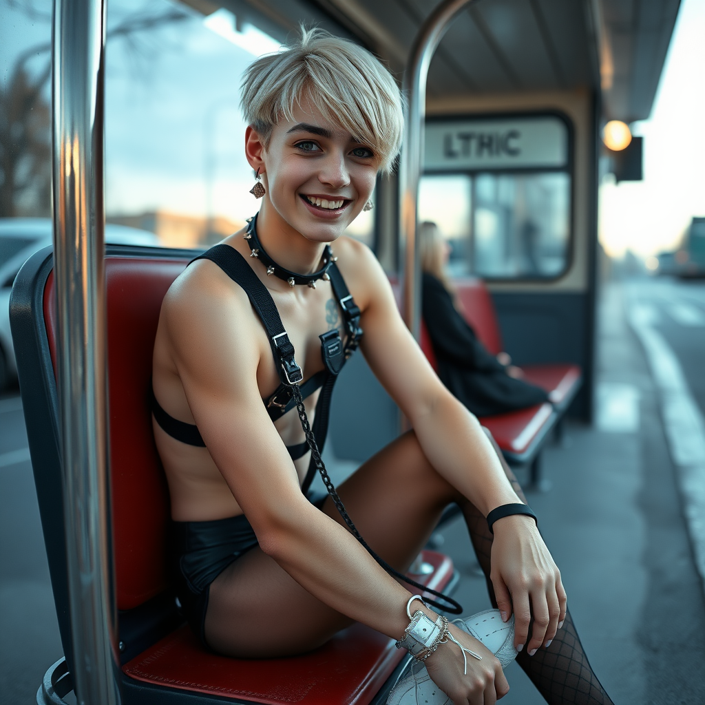 photorealistic, ultra high resolution, 16K, surreal fantasy, studio lighting, a pretty 16 year old goth boy, slim male physique, short blonde hair, goth makeup, earrings, pantyhose, harness, spikey dog collar and leash, trainer-bra, white ballet shoes, sitting at the bus stop, excited smile, facing the camera.