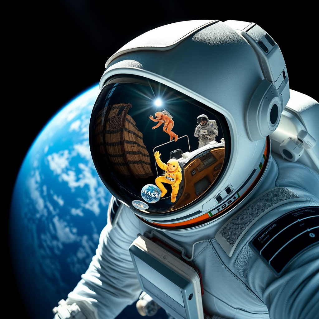 Astronaut in a white spacesuit, floating in space, with Earth in the background. The scene captures a hyperrealistic view showcasing the intricate details of the suit, including textures and reflections in the visor. The visor reflects another astronaut and elements of the spacecraft. The background features deep blues and whites of Earth and the vastness of space, with a dark, almost black, void surrounding it. Bright sunlight highlights parts of the astronaut's suit, creating stark contrasts and emphasizing the details. Include hints of light shimmering off the helmet and the colors of the spacecraft against the cosmic backdrop.