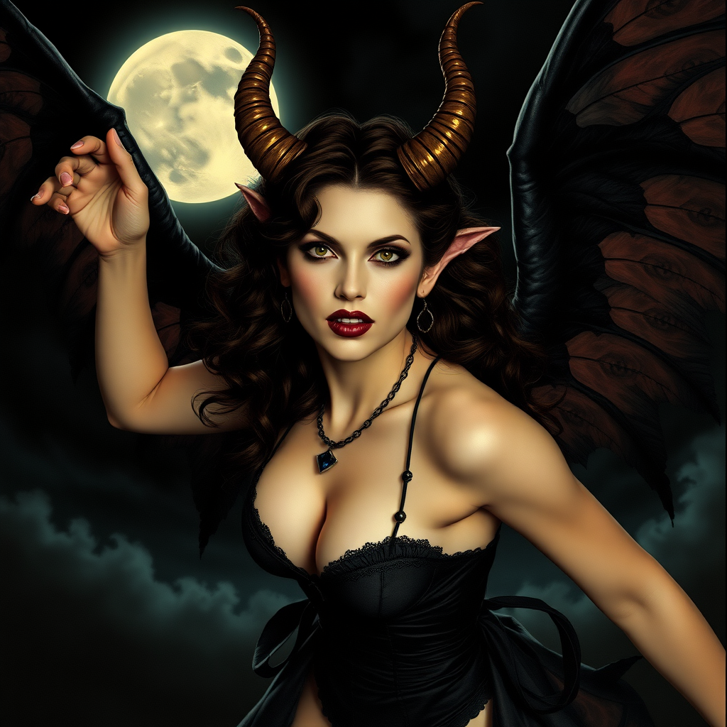 A beautiful winged succubus staring wickedly; her outfit is designed to entice. She's flying high in a dark, moonlit sky. The wicked scene is dark and spooky with the art styling of Brian Froud. Cosplayed by a young, vicious Drew Barrymore.