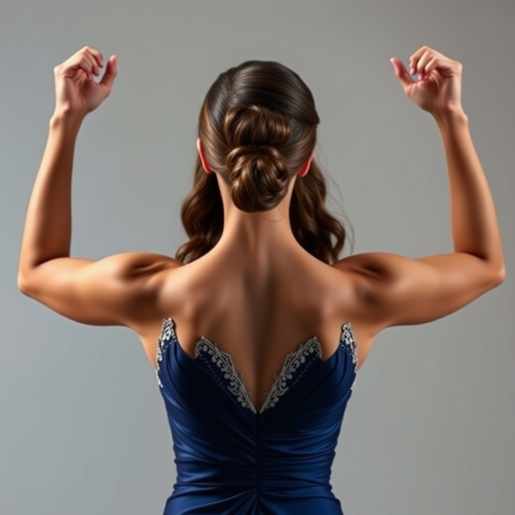 Thoroughly amazing athlete in a stunning evening gown facing the viewer with arms raised her hair is pulled back