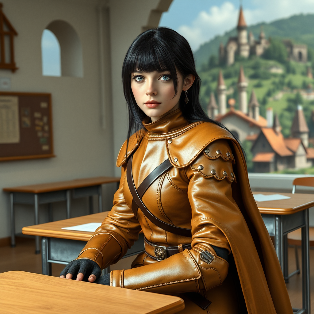 beautiful young woman, dark hair past her shoulders, blue eyes, small, slim figure, wearing tan full leather armor suit with long cape, sitting in a school classroom at student desk with the wall missing with a beautiful medieval village in the background.