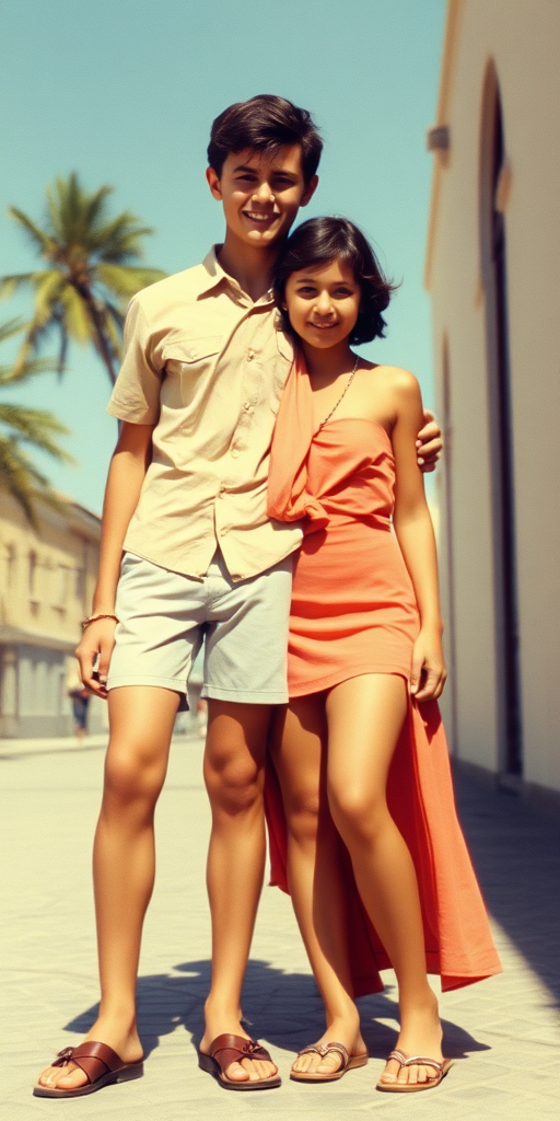 Vintage photo, 1980s. Hot summer. Mexico. A tall skinny 13yo teen boy wearing short shirt, tight booty shorts, long legs, bare thighs. With a girl wearing shirt, long skirt. Full length view.