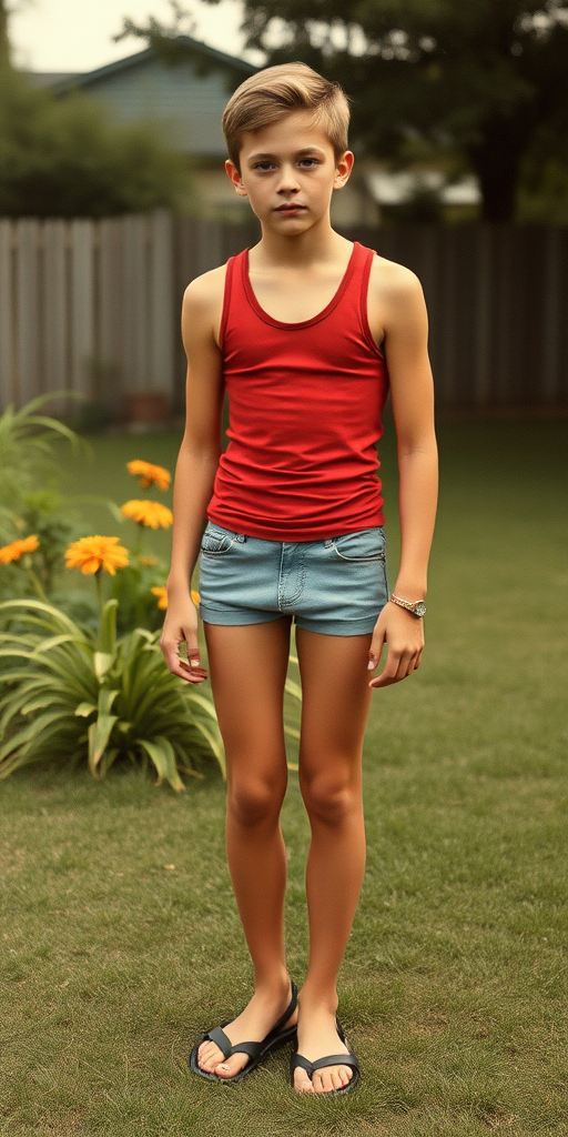 photorealistic, ultra high resolution, 16K, a tall skinny 14 yo teen boy wearing tank top, tight booty shorts. Long legs. At backyard. Full length view. Vintage family photo, 1970s.