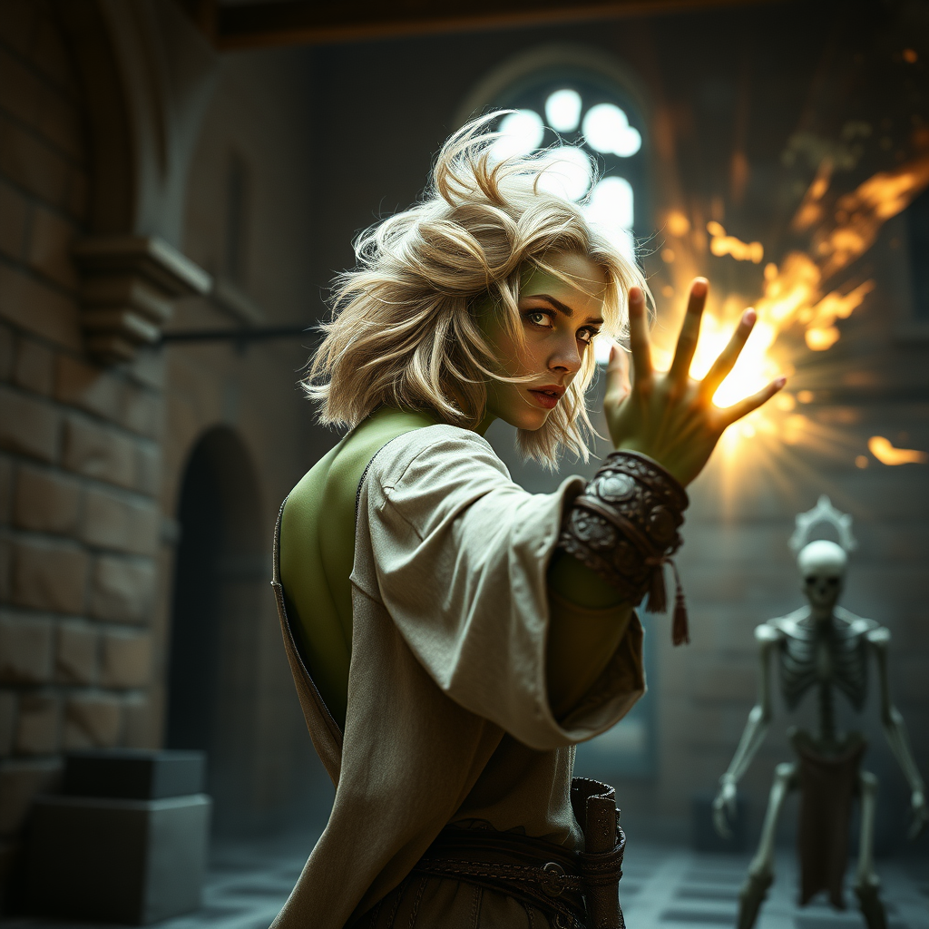 A full body shot from behind of a pretty twenty-something female orc wizard with a face resembling (ana de armas). green skin. casting a spell at a skeleton warrior. strawberry blonde messy shoulder length hair tussled by wind. inside a courtyard. Hyper-realistic, Photorealistic digital matte painting, soft focus, film grain, lens flare. gritty, dirty, scuffed.