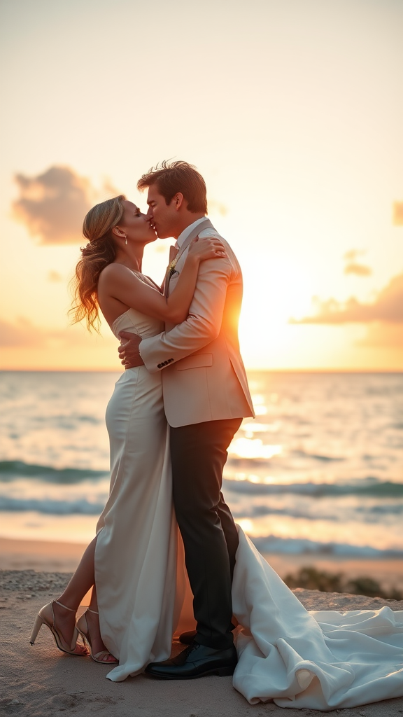 In the background, Nicole Kidman and Tom Cruise elegantly dressed, she heels and he patent leather shoes, he passionately kisses the bride, in the background the sea with a beautiful beach, sunset sky with the sun's rays with clouds. 16K ultra-high definition