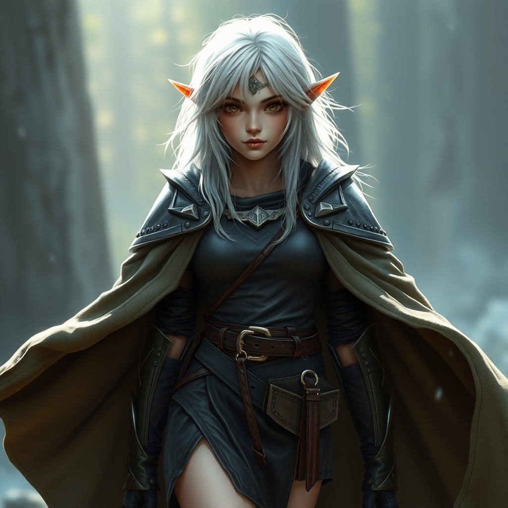 A twenty-something elf girl like (Deedlit from Record of Lodoss War), a character come to life. Messy shoulder length white hair. Wide triangular shoulder pads, flowing cloak, leather armor, skirt, high heel ankle boots. WLOP style. Photorealistic digital matte painting, highly detailed, film grain, lens flare, chromatic aberration.