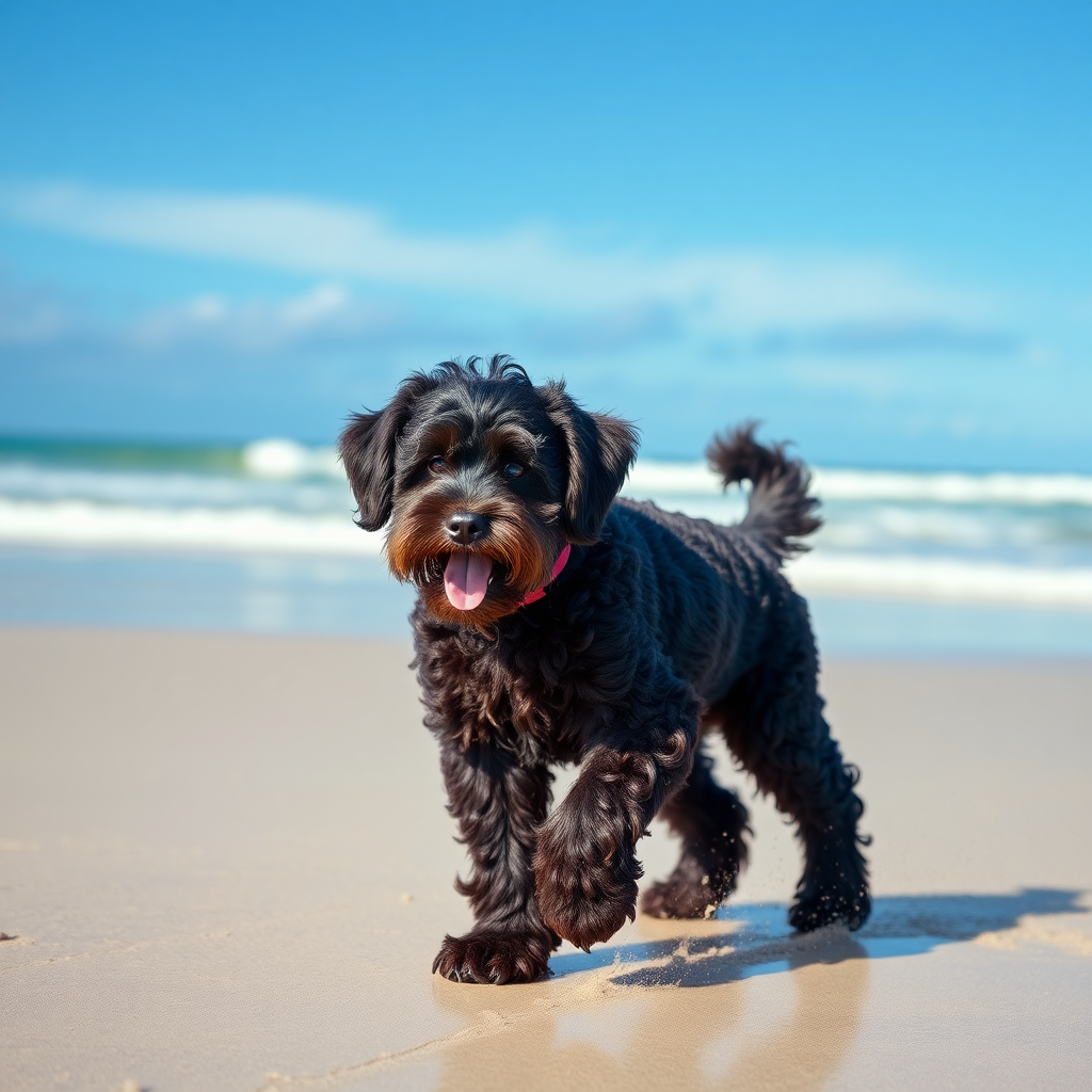 cute gigantic dark chocolate colored cockapoo, playing on the beach, ultra realistic, ultra detailed, 50mm photo, riding a bike