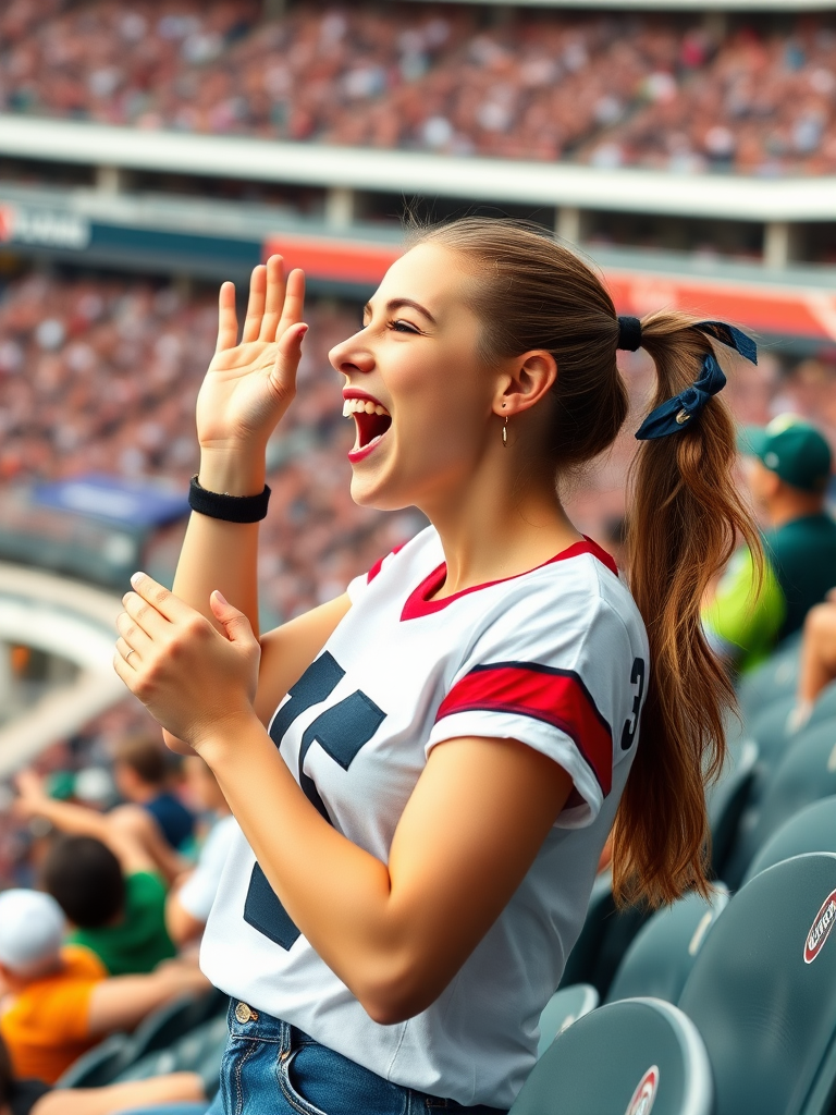 Attractive female NFL fan, cheering wildly, pigtail hair, stadium bleacher row