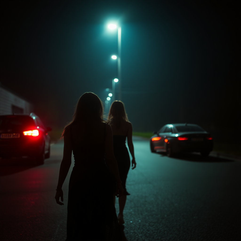 Moody picture of a lady of the night. They are walking towards a parked car, which is facing the other way. Prominent street lighting.