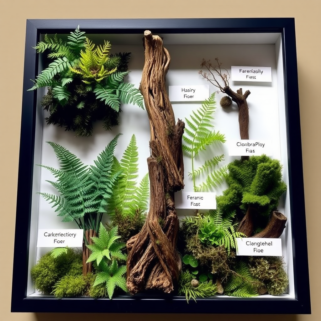 A frame is filled with ferns and moss, with a piece of dead wood standing upright in the middle, and the types of plants are labeled.