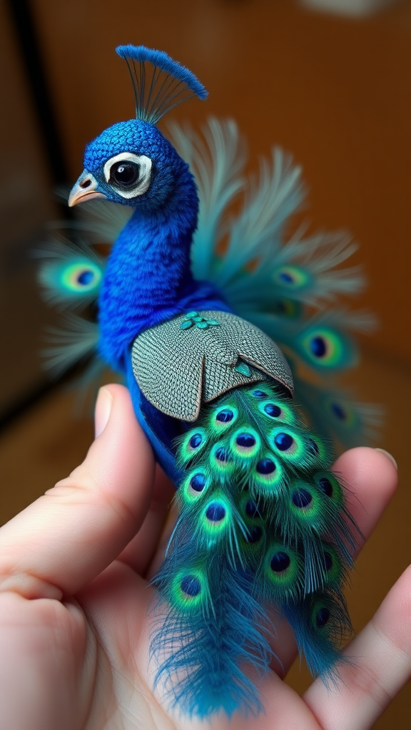 A small tiny cute chubby big eyes big perfect tail real blue dancing peacock with tail on hand