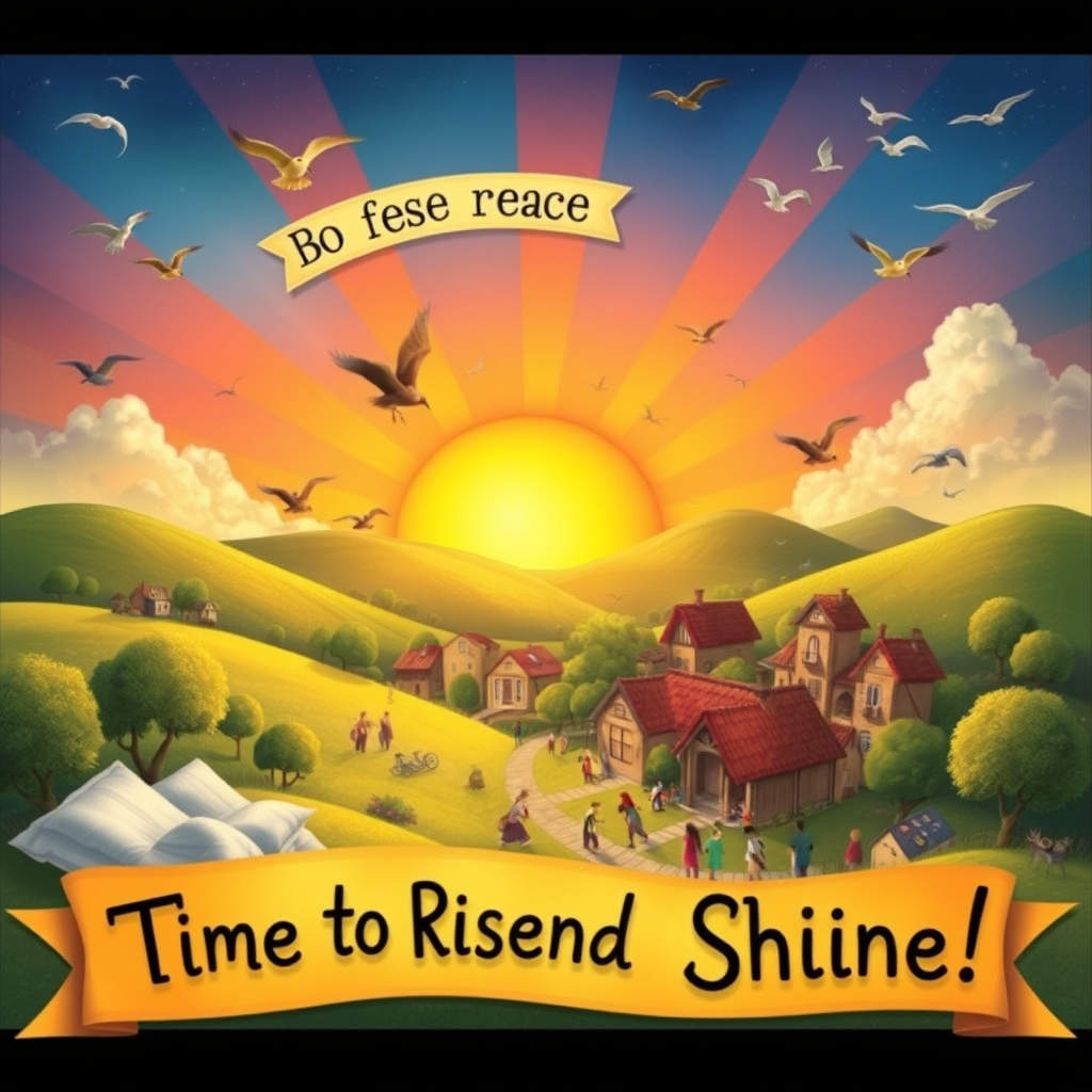 An imaginative scene depicting a vibrant sunrise that awakens a sleeping village, with birds taking flight and people stretching, under a whimsical banner reading, "Time to Rise and Shine!"