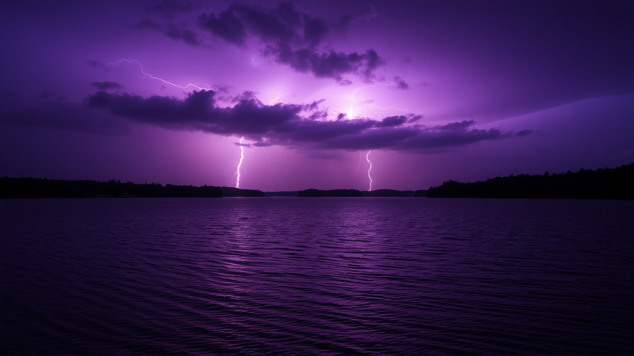 photo, lakes, nature, purple sky, lightning