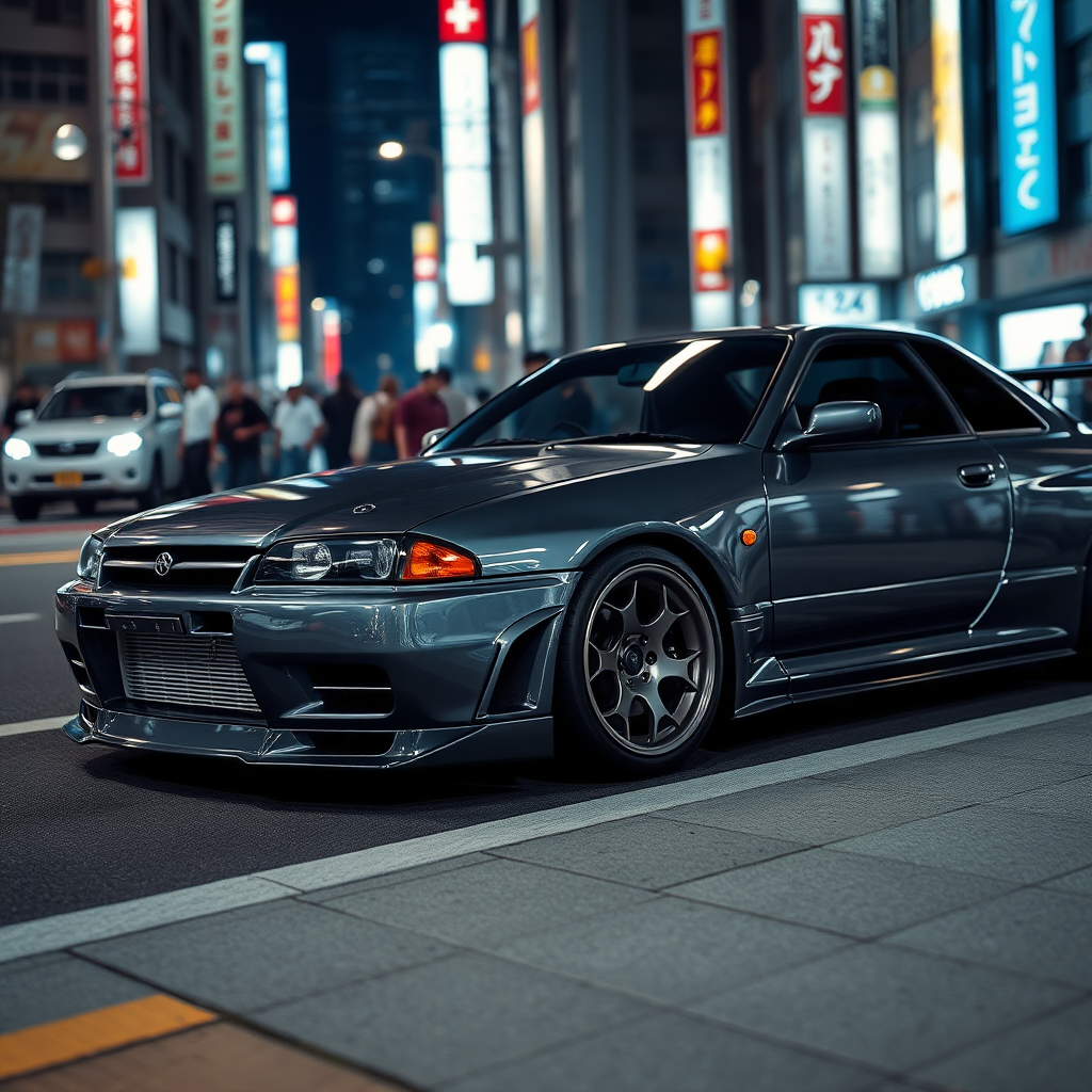 The car is parked on the side of the road, inspired by Taiyō Matsumoto, tumblr, restomod, nd4, c4 metallic shine gray black nissan skyline r34 crowded tokyo night background flawless details overall details.