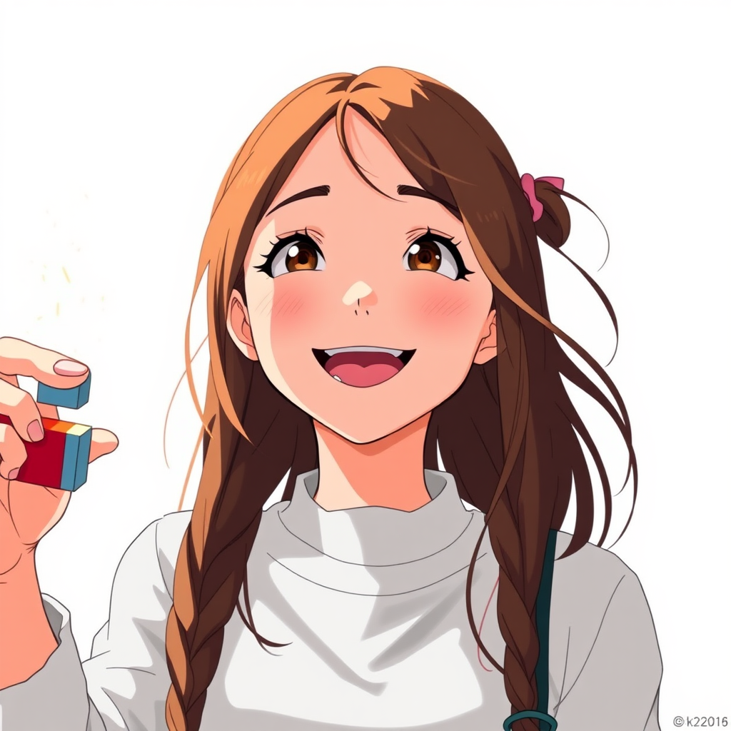 a woman, smiling and attracting something with a magnet, full-shot, anime wallpaper, breathtaking realistic, inspired by John Henry Kingsley, miyazaki's animated film, john stephens, centered, white background, perspective view.