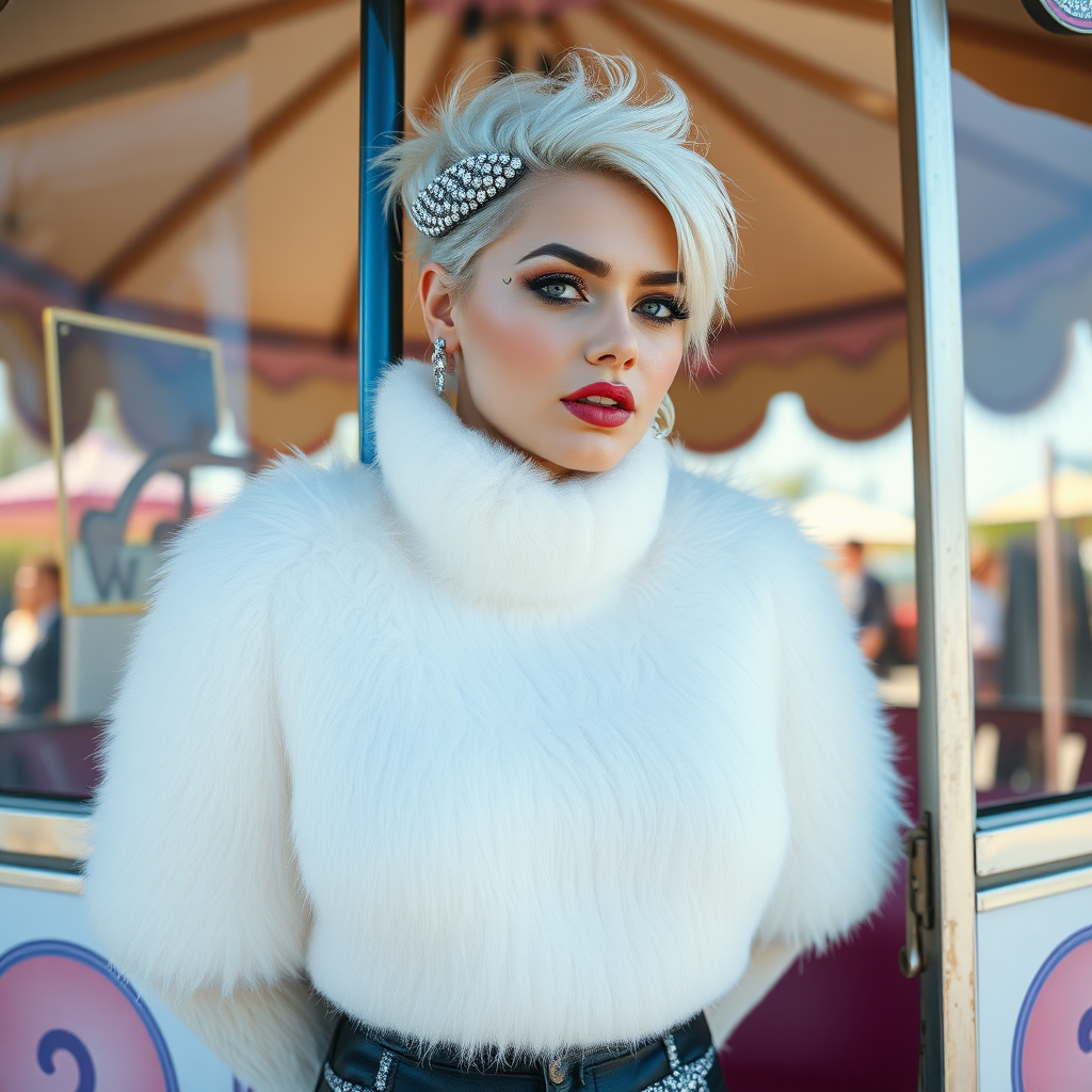 Amusement park “kissing booth”, sunny spring Sunday morning. Sam, 19 years old beautiful involuntary femboy, rebellious intractable character, petite boyish figure, platinum blond boyish rebel punk hairstyle, flawless heavily made-up face with sharp arched tattooed eyebrows, wearing Supertanya-style fluffy very fuzzy bright white angora thigh-length turtleneck-poncho fully covering body and arms, silver-glitter leggings, black leather high-heeled pumps, silver earrings, both hands tied to pole behind back, standing inside kissing booth, waiting for next customer to kiss. Focus on Sam’s face and turtleneck-poncho.