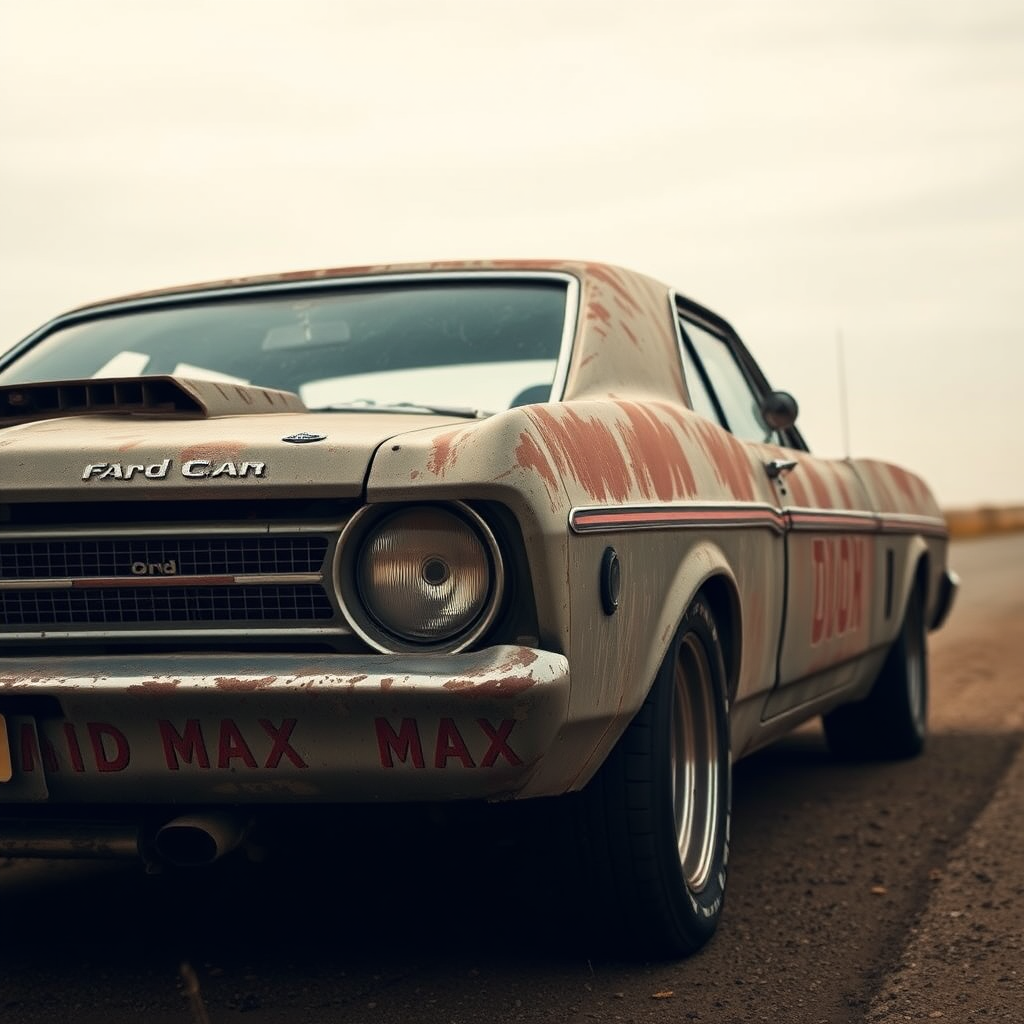 Ford Falcon Mad Max apocalyptic dust rusty the car is parked on the side of the road, inspired by Taiyō Matsumoto, Tumblr, restomod, nd4, c4