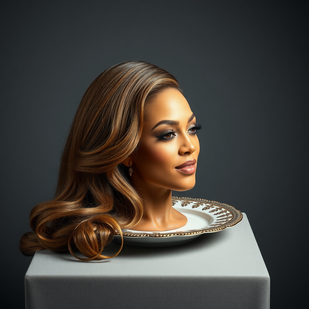 In a surreal and striking scene, the elegantly styled disembodied head of a stunningly beautiful Beyoncé rests gracefully on an ornate, luxurious plate, which is carefully placed on a simple, understated table. Her very long, flowing hair cascades like a rich waterfall of silky, rich brown locks, framing her exquisite face and accentuating her radiant, flawlessly glowing skin. The delicate contours of her chin rest lightly against the polished surface of the plate, lending an unexpected intimacy to the bizarre presentation.

The background is a muted, plain gray, casting an air of modern minimalism that contrasts dramatically with the lavishness of her appearance. Soft shadows play across her features, highlighting the subtle high cheekbones and perfectly shaped lips, which seem poised for a soft smile. The atmosphere feels both elegant and eerie, inviting intrigue and contemplation as viewers are drawn into this surreal artistic tableau, where beauty and the absurd collide in unexpected harmony.