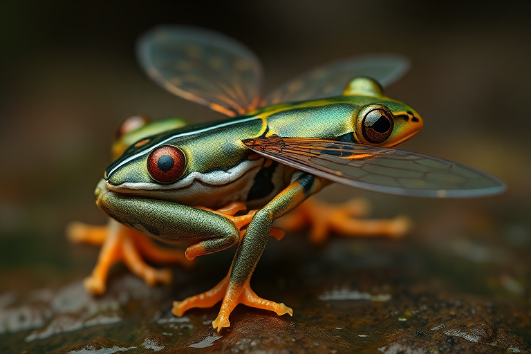 Generate a full-length, highly detailed image of a frog with its body structure seamlessly transformed into that of a horsefly. Ensure that the anatomical precision is maintained, showcasing the unique features of both creatures in harmony. The frog's vibrant colors and patterns should blend with the iridescent wings and facets of the horsefly. The background should reflect a natural habitat, adding depth and context to the composition. Render the scene in the style of award-winning wildlife photography, highlighting the textures and intricate details of this intriguing hybrid creature. Capture the essence of both animals in a visually striking way.