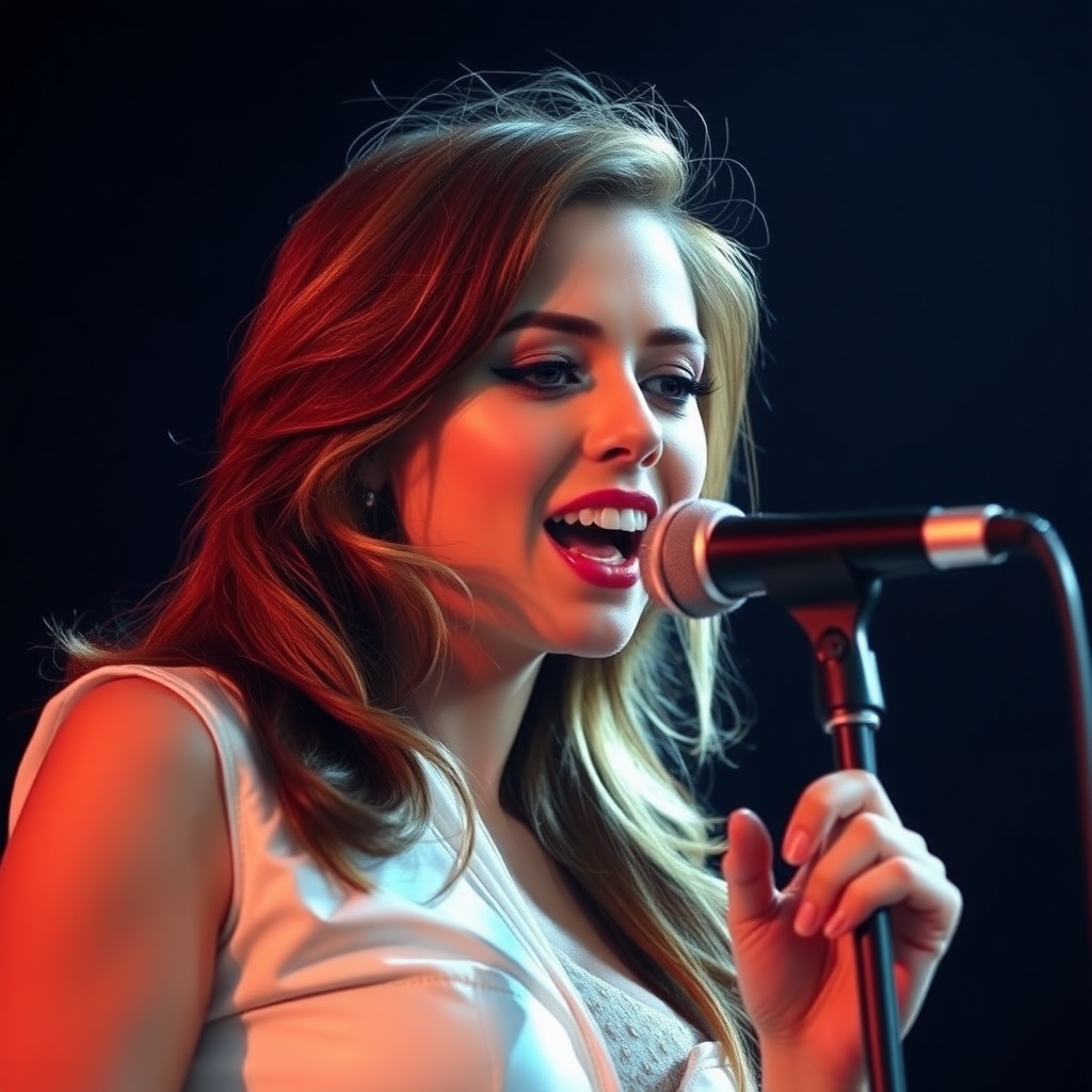 beautiful woman, age 24, very very busty, white leather clothes, singing in front of microphone, black background