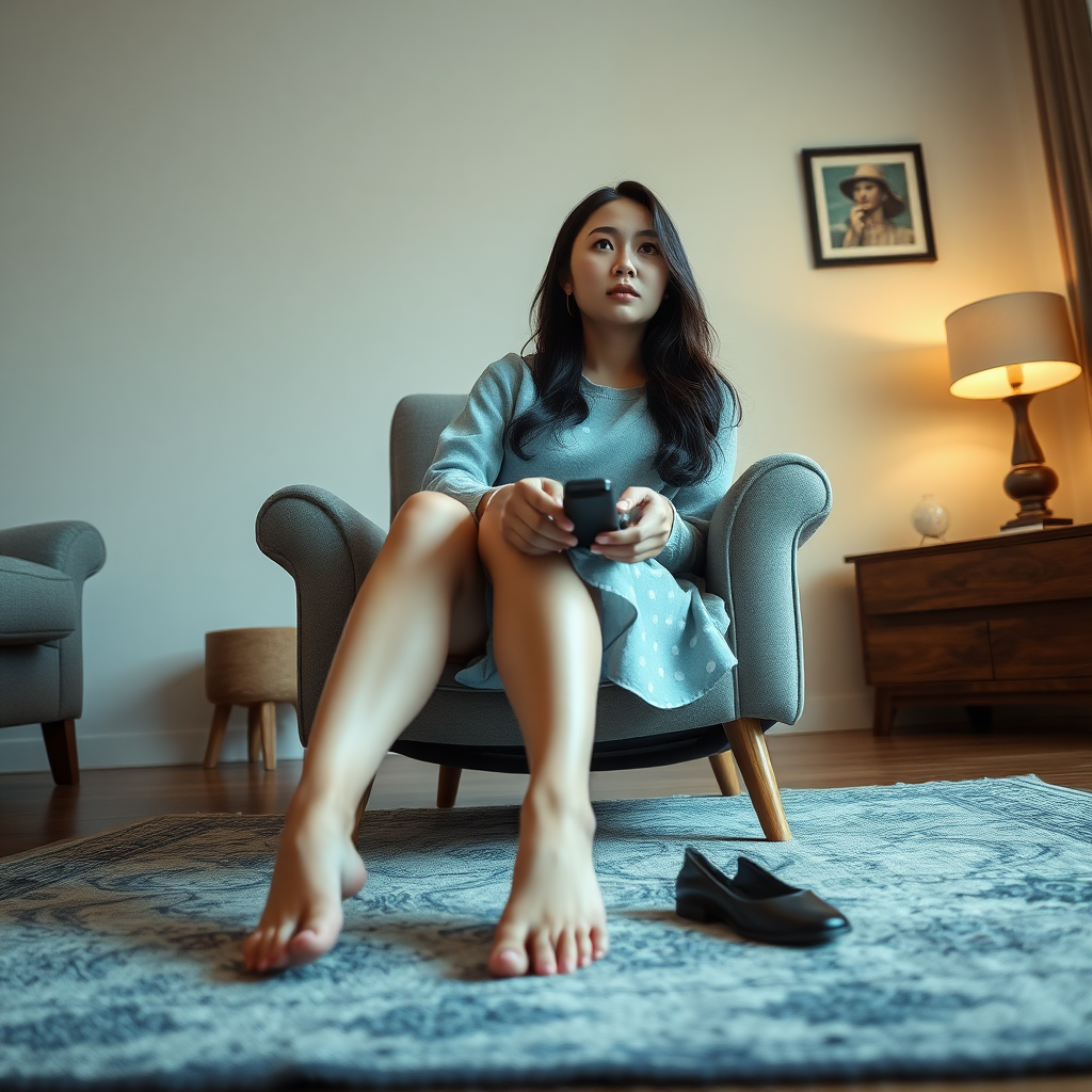 photo low angle full body shot beautiful xiaomeimei looking ahead. She is sitting on a chair in a living room. she looks tired. she holds a remote control. there rug on the floor in front of the chair. she is barefoot. her shoes lie on the rug