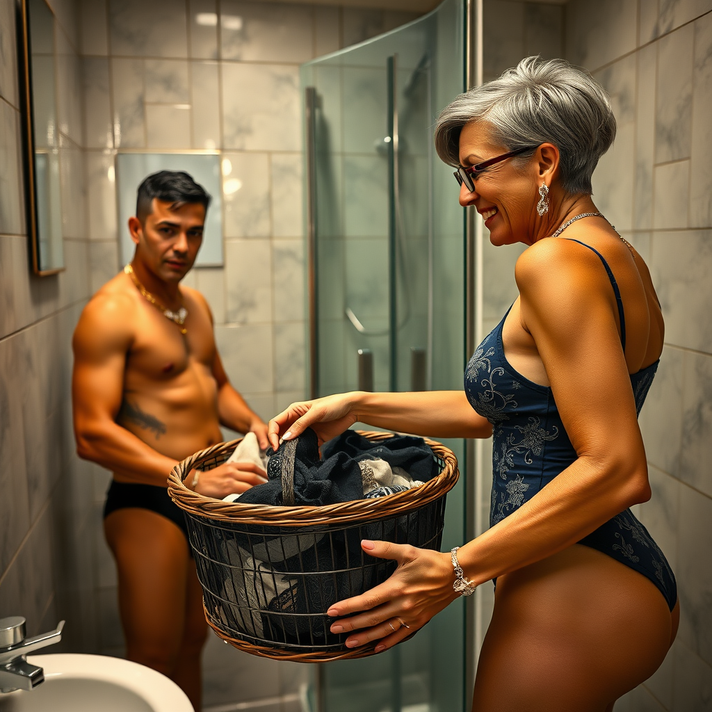 In the bathroom, an amazed 20-year-old European skinny pool boy is rummaging in a basket full of lingerie while being watched from a distance by a gorgeous 45-year-old European Latina with a sharp aquiline nose, wrinkles, high cheekbones, Middle Eastern features, skinny, tanned skin, rounded medium breasts, skinny thighs, a big ass, and full makeup, adorned with jewelry, wearing a serious expression, a sharp nose, showing shock, a smile, and blushing with an open mouth, looking horny. She has ash hair styled in a short bowl haircut that is slicked back, brown eyes, and glasses, showcasing detailed features. She is wearing a navy blue embroidered leotard made of detailed fabric, captured in a full-body landscape wide shot, in focus.