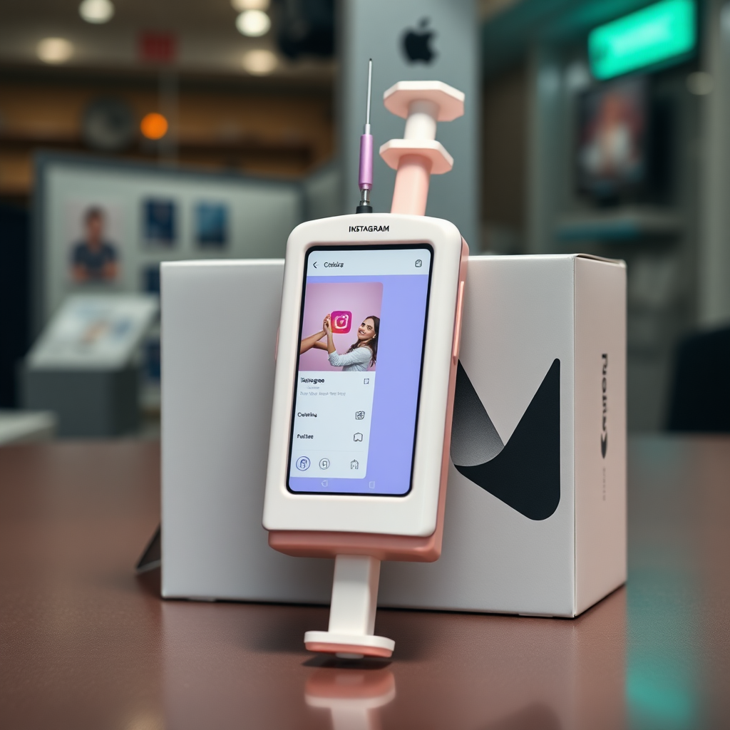 A close-up straight front view of a mobile phone in a shape inspired by a syringe, white pink futuristic, kept for sale leaning to a box, in a showroom, metallic body, touchscreen phone with Instagram page open on screen, needle on top, whitepunk.