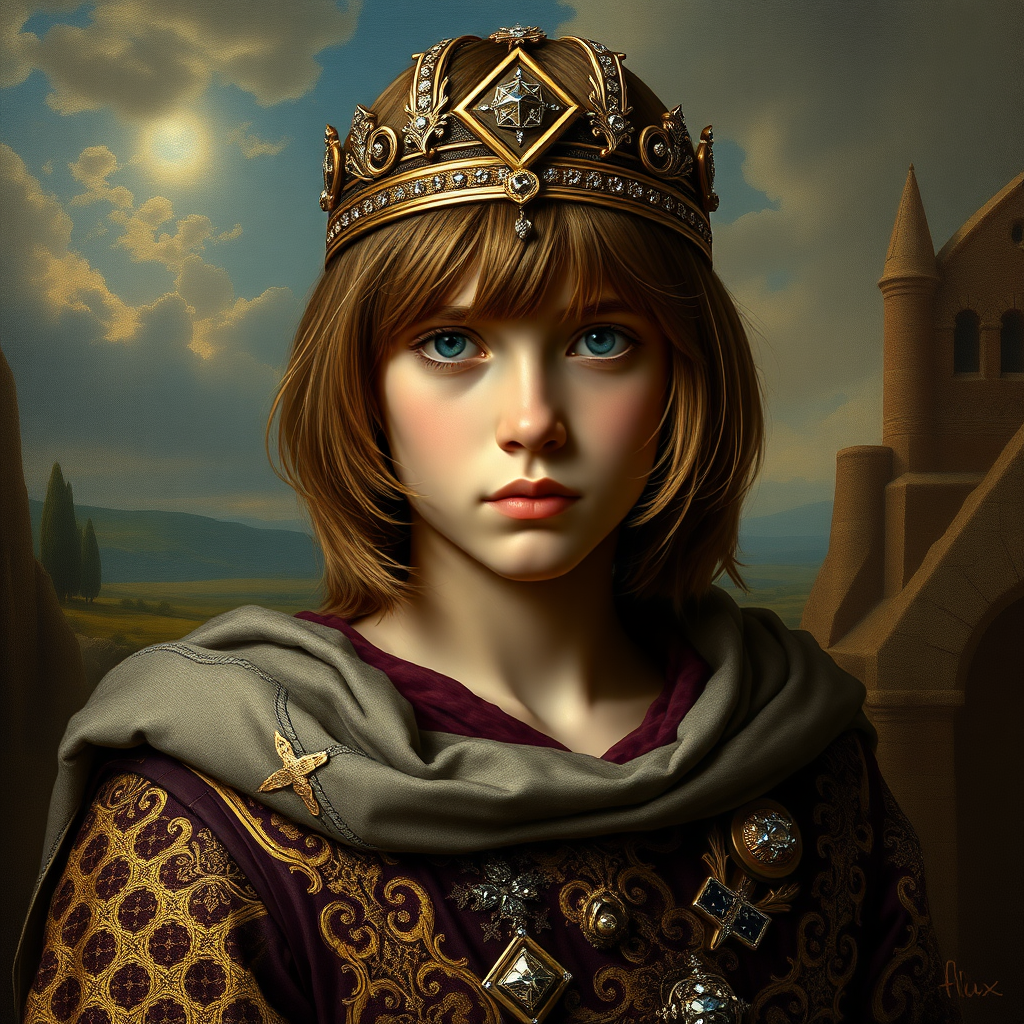 16yo teen boy prince, long bob cut, embroidered with gold and diamonds medieval cloths, diamond diadem, and Beautiful War. Free style by FLUX photorealistic. The background is in the style of landscape style by Antonio del Polaiolo, Generating the signature at the bottom: Viva FLUX!, ultra high resolution, 16K,