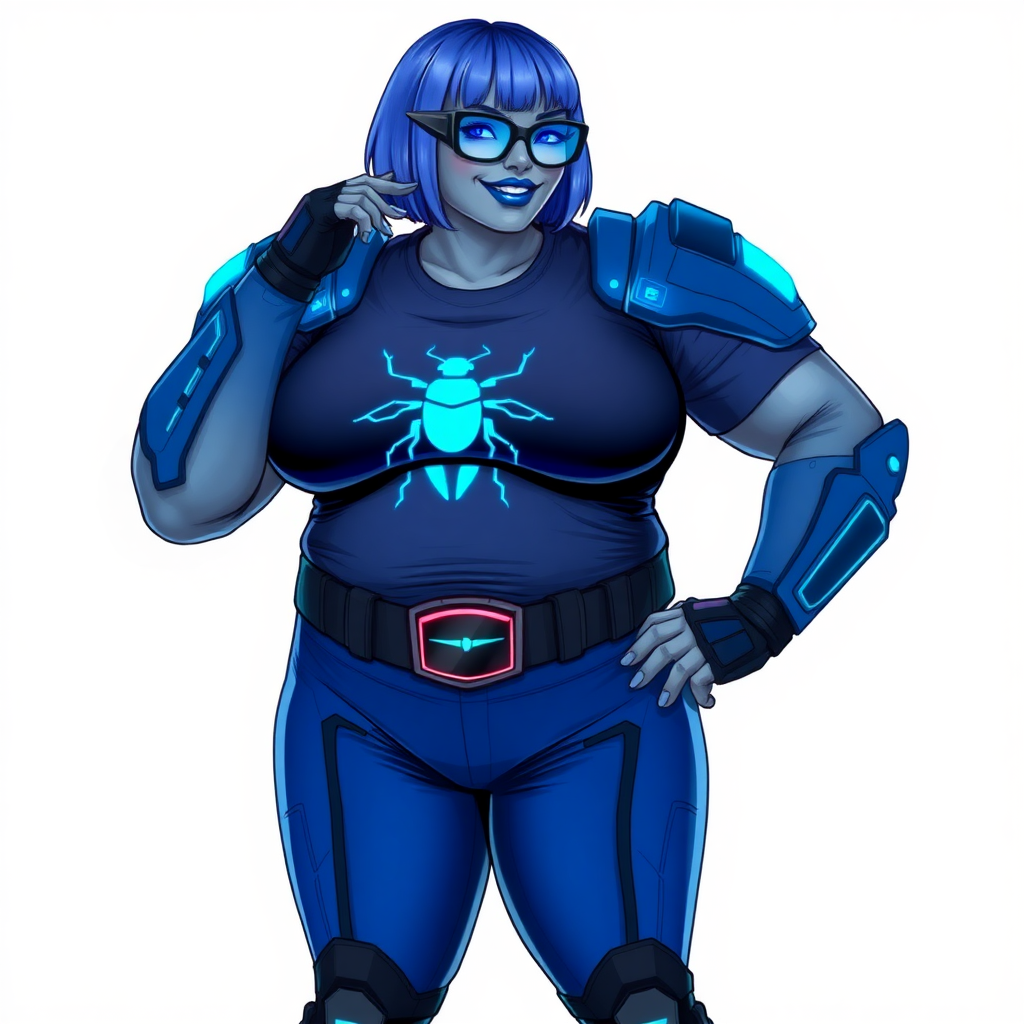 A 28-year-old, full-figured, middle gray skinned computer program hybrid with a maximum blue bob cut. She has a non-athletic build, highlighted by a prominent, round, large midsection (with heavy emphasis on her large belly). As the full-figured digital sidekick to her cyberpunk vigilante boyfriend, her middle gray metallic skin and maximum blue lipstick emphasize her digital nature. She wears a digital, computerized costume inspired by DC’s Carrie Kelly Robin, consisting of a huge, tight-fitting, maximum blue t-shirt with a neon blue glowing chest icon of a beetle, hi-tech shoulder pads with neon blue accents, a black hi-tech belt with a digital neon blue glowing buckle, digital maximum blue pants with neon blue accents, and black hi-tech fingerless biker gloves with neon blue glowing accents. Her neon blue glowing eyes, black eyeglasses with a neon blue glowing HUD built into the lenses, and shy smile with neon red blush accentuate her nerdiness. She stands bashfully with one hand behind her back and the other hand gently touching her cheek, her costume covering all her skin and emphasizing her full-figured physique (especially her belly). She is clearly non-athletic, with a heavy focus on her large belly. Despite her build, she radiates beauty. She has a slim face compared to her physique, accentuating her radiant beauty. She is on a solid white background. She is drawn as if she were in a retro 2D cyberpunk fighting game.