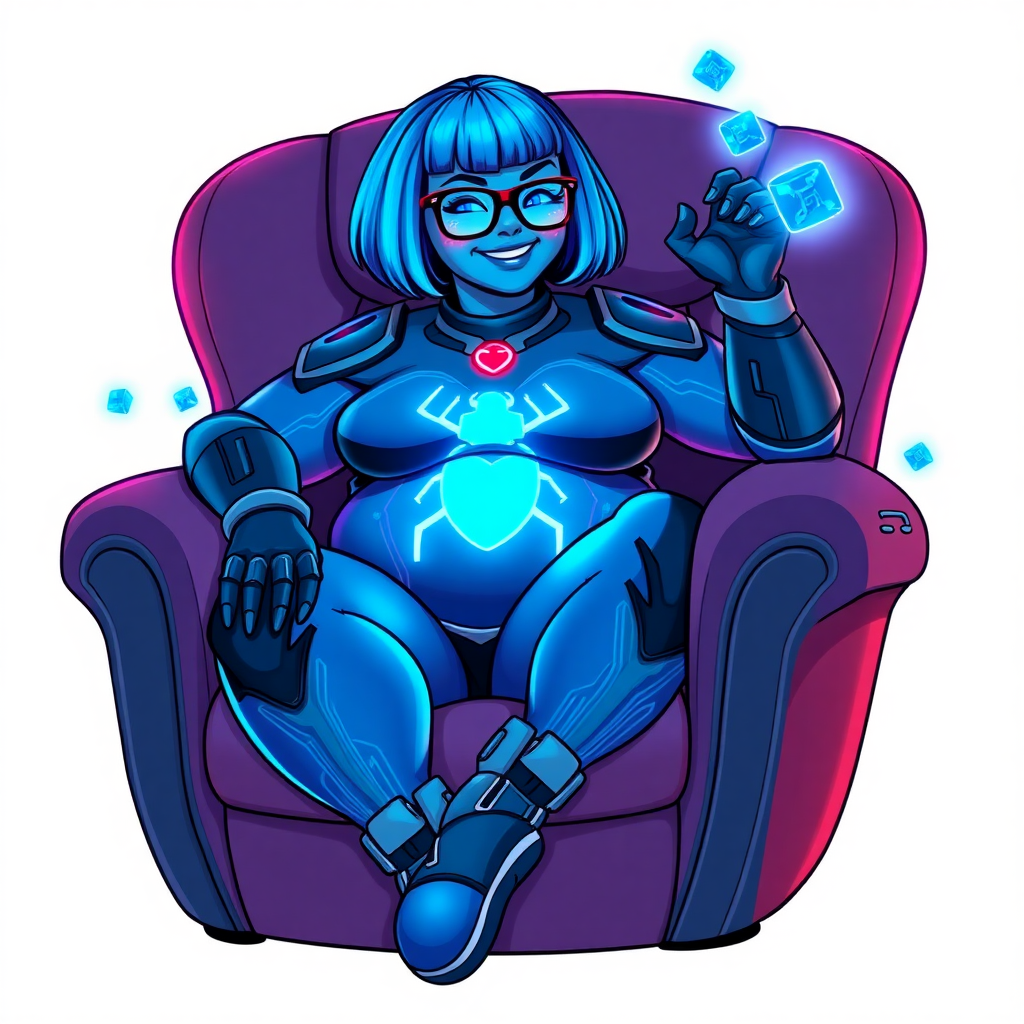 A heavily, extremely, and intensely pampered nerdy full-figured middle blue skinned digital sidekick, a 28-year-old computer major, has been transformed by her doting vigilante boyfriend. Her middle blue skin and bob cut seamlessly integrate with her data, and her neon blue eyes glow with intelligence. Her physique, now showcasing a gargantuan round midsection, massive limbs, and broad shoulders, contrasted by a slim face, clearly reflects her indulgence and pampering. Her full figure is prominently highlighted, with her gargantuan, rounded midsection and massive limbs emphasizing her pampered status. As the loyal and supportive sidekick, she plays a crucial role in their missions, using her digital prowess to assist and protect.

She wears a digital maximum blue bodysuit, featuring a glowing neon blue beetle chest icon and matching high-tech gloves. She bashfully giggles with a neon red blush, emitting neon blue data cubes from her body. Her full figure, now even more plump and heavily emphasized by her nerdy appearance, clearly shows how pampered she is. Her nerdiness is accentuated by her black oversized eyeglasses.

Her outfit, influenced by DC’s Jennifer Knight Phantom Lady, remains distinct. Adding to her pampering, she serves as his minicomputer, traveling in his high-tech wristwatch and supercar’s computer system. Using her ability to hack into computers and machines, she relays crucial knowledge relating to his missions.

In her new pose, she sits comfortably on a plush, high-tech chair with one leg crossed over the other, her oversized glasses slightly askew as she adjusts them with a bashful smile. Her relaxed posture and content expression, combined with the glowing data cubes around her, clearly reflect her status as a heavily pampered, nerdy digital sidekick. Her gargantuan, rounded midsection and massive limbs are prominently displayed, emphasizing her indulgence and pampering while maintaining her nerdy physique. She is on a solid white background. She is drawn as if she was in a retro 2D cyberpunk fighting game.