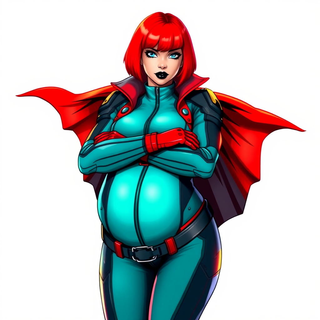 A 26-year-old heavy-set, mystical vigilante detective with a bright red bob cut, black lipstick, and piercing bright blue eyes. She has a new non-athletic build, now highlighted by a prominent, round, gargantuan midsection (with full emphasis on her belly), which shows the aftermath of her vigilante big brother figure's pampering. Despite her new physique, she displays her usual confidence. She wears a high-tech, tight-fitting, maximum turquoise biker suit (accentuating her gargantuan belly), complemented by a glowing neon red cape and high-tech red gloves. Her stance is firm and resolute, arms crossed, exuding a no-nonsense attitude. Her costume reflects the influence of DC New 52 Prime Earth’s Phantom Lady, Jennifer Knight, while her pose embodies the moral ambiguity and determination reminiscent of DC’s Pax Americana’s The Question. She is on a solid white background. She is drawn as if she was in a retro 2D cyberpunk fighting game.