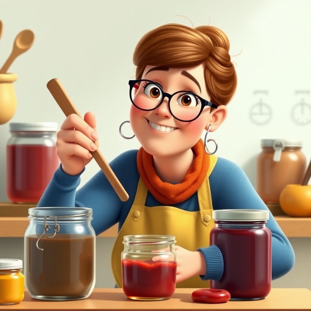 Create an image in Pixar style of a 35-year-old woman with Down syndrome, making jams, with jars of jam next to her.