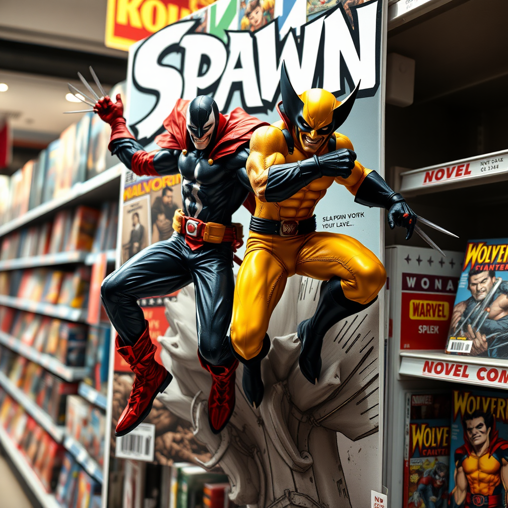 Jumping out of a comic book cover on a store shelf is Spawn and Wolverine in Cinematic Real3D photo-realistic quality.