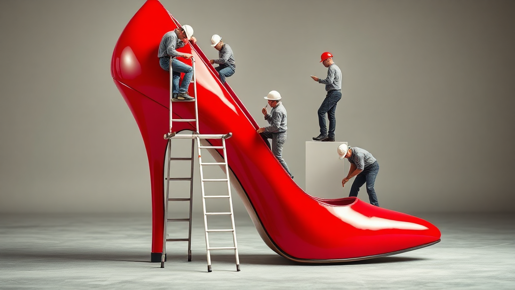 I would like to see a photograph in which a red women's shoe with stiletto heel is prominently displayed. On the shoe are 5 workers at work. Two persons are painting the shoe red. Another is sanding the shoe. A fourth person is removing some damage and the fifth is the supervisor. Scaffolding and ladders are being used. Relative to the workers, the height of the shoe is 10 meters.

The whole image should convey that work is being done to refurbish the shoe.

Note that the scaffolding is crucial and should be used for two workers working on it. The shoe must be placed on the ground.