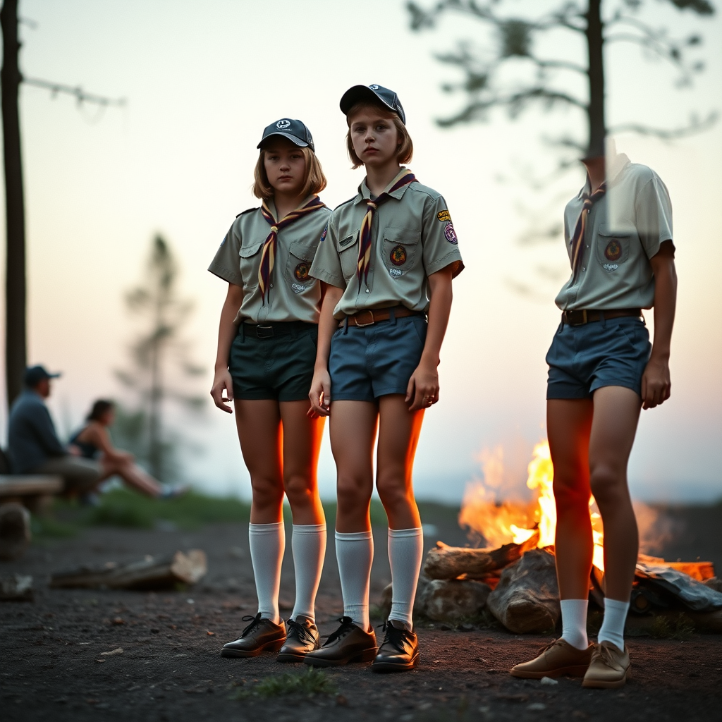 Two tall 14-year-old teen boys, long bob cut, wearing American boy scout uniform with uniform matching very tight booty shorts, tube socks, shoes, cap, long legs, narrow thighs. A campfire. Full-length view. 1980s. Photorealistic, ultra high resolution, 16K. Negative: grainy, blurry, bad anatomy, extra limbs, watermark.