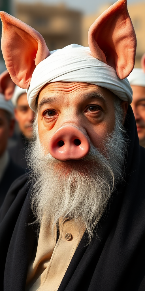 Ayatollah with pig nose, pig ears.