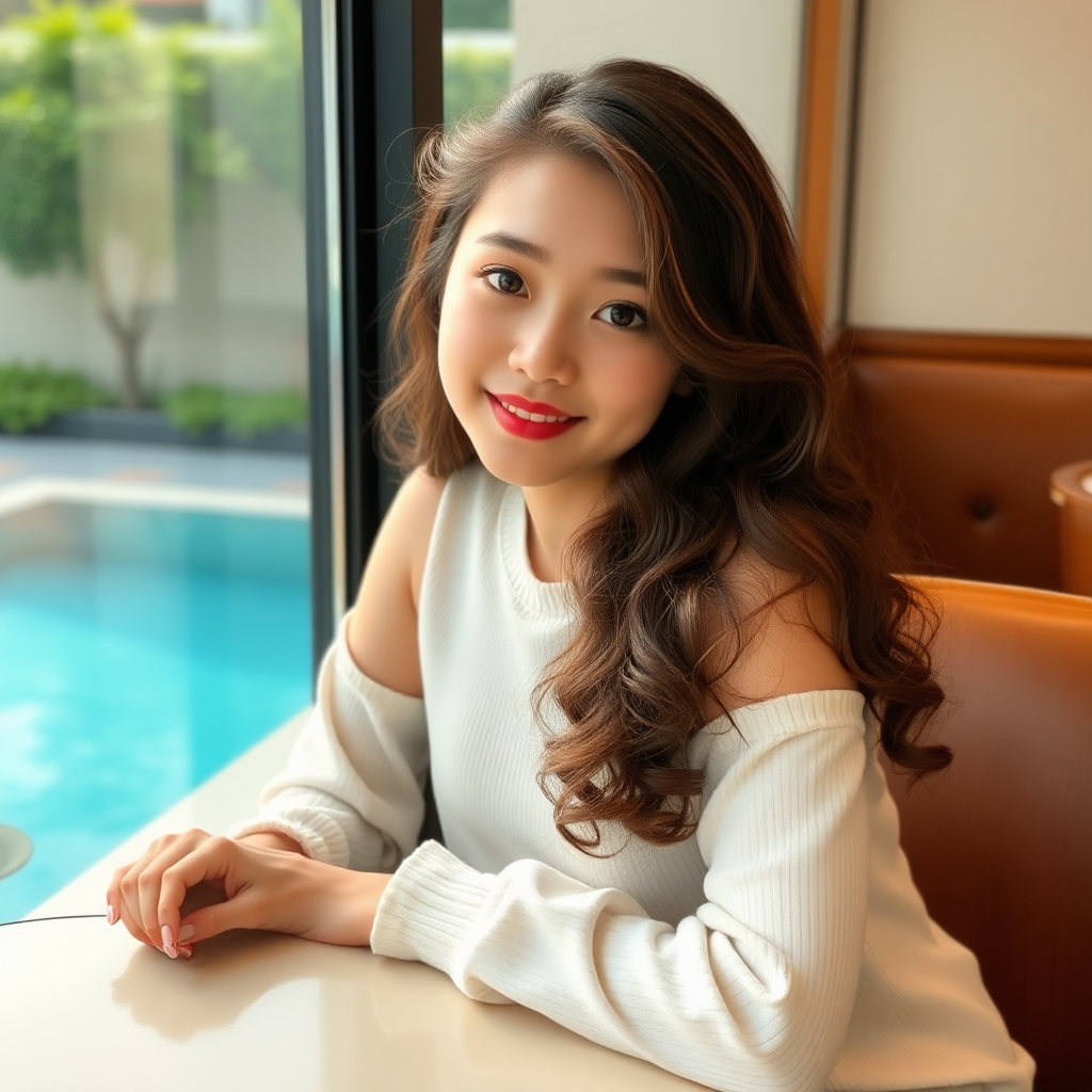 A beautiful 18-year-old young Xiaohongshu blogger with fair skin, big eyes, curly long hair, an oval face, and a very slim figure is sitting in a café, leaning on the table. Outside the window, there is green grass and a swimming pool.