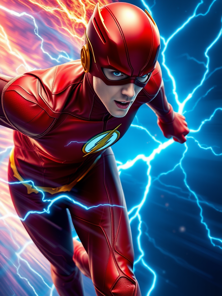 Grant Gustin's Flash sprints at blinding speed through the Speed Force, the vibrant energy of the dimension swirling around him in vivid, cinematic visuals. His figure streaks through an ultra-detailed landscape of electric blue lightning arcs, crackling across the screen as the Speed Force warps reality around him. The intricate details of his red suit gleam under the otherworldly cinematic light, with every seam and muscle contoured in photorealistic clarity. His face, focused and determined, cuts through the storm of light and distortion as he pushes his limits, leaving behind a trail of vibrant, glowing lightning in his wake.