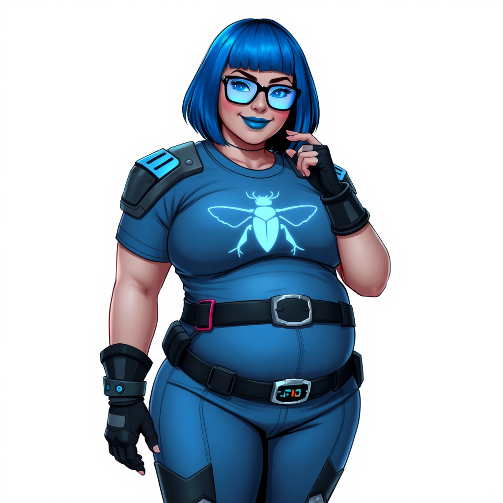 A 28-year-old, full-figured, Middle Gray (N5) metallic skinned, computer program hybrid with a maximum blue bob cut. She has a non-athletic, full-figured build, highlighted by a prominent, round, large midsection (with heavy emphasis on her large belly). As the full-figured, nerdy, digital sidekick to her cyberpunk vigilante boyfriend, her metallic middle gray (N5) skin and maximum blue lipstick emphasize her digital nature. She wears a digital, computerized costume inspired by DC’s Carrie Kelly Robin, consisting of a huge, tight-fitting, maximum blue t-shirt with a neon blue glowing beetle chest icon, hi-tech shoulder pads with neon blue glowing accents, a black hi-tech belt with a digital neon blue glowing buckle, digital maximum blue pants with neon blue accents, and black hi-tech gloves with neon blue glowing accents. Her bright blue eyes, black eyeglasses with neon blue glowing lenses with a built-in HUD, and shy smile with neon red blush accentuate her nerdiness. She stands bashfully with one hand behind her back and the other hand gently touching her cheek, her costume covering all her skin and emphasizing her full-figured physique (especially her belly). She is clearly non-athletic, with a heavy focus on her large belly. Despite her build, she radiates beauty. She has a slim face compared to her physique, accentuating her radiant beauty. She is on a solid white background. She is drawn as if she were in a retro 2D cyberpunk fighting game.